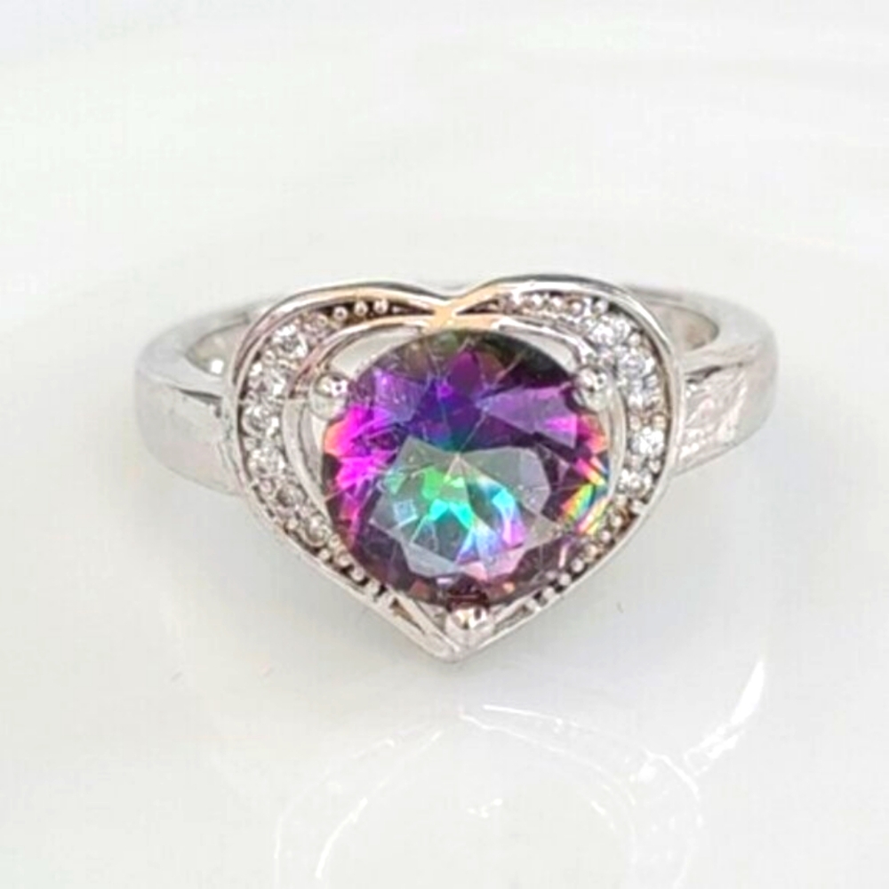 Vintage Boho Sterling Silver Mystic Topaz Heart Ring Size 8
